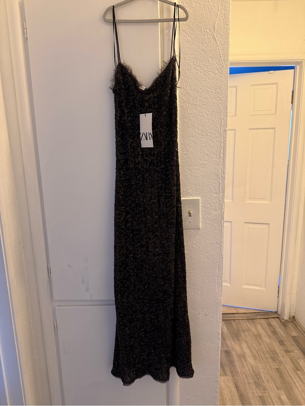 Zara Black Sparkle Maxi Slip Dress with Spaghetti Straps